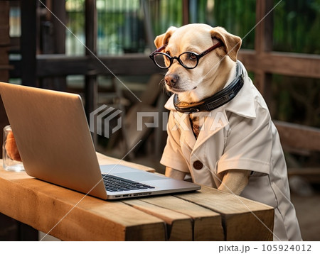 Enterpreneur Labrador dog in a casual outfit and eye glasses using laptop while sitting in a cafe 105924012