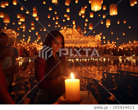 A portrait of happy Indian woman surrounded with lit floating lamps lanterns during Diwali festival. Thousands of Indian paper flying lanterns in night sky. 105924013