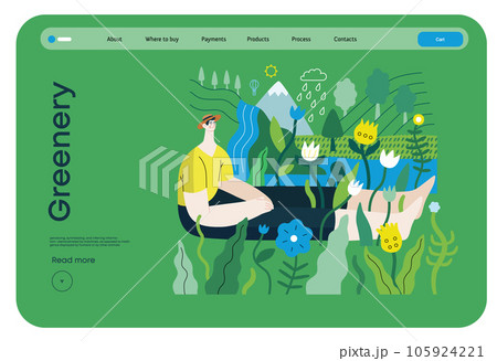 Greenery, ecology -modern flat vector concept illustration of a man sitting in the landscape with river and waterfall. Metaphor of environmental sustainability and protection, closeness to nature Greenery, ecology -modern flat vector concept illustration of a man sitting in the landscape with river and waterfall. Metaphor of environmental sustainability and protection, closeness to nature 105924221