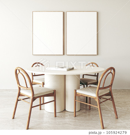 Wooden beige diningroom interior with dining table, book and chairs background. Natural light brown stone floor. Mock up empty 2 picture frame. 3d rendering. High quality 3d illustration Wooden beige diningroom interior with dining table, book and chairs background. Natural light brown stone floor. Mock up empty 2 picture frame. 3d rendering. High quality 3d illustration 105924279