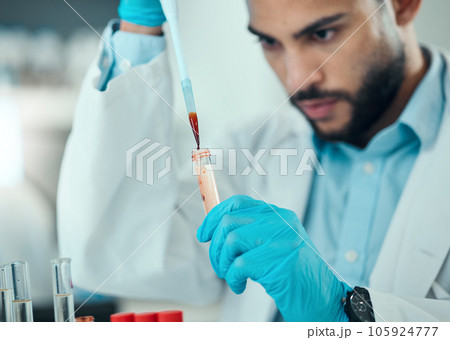 Science, man with pipette and blood in test tube, laboratory research results and medical engineering. Biotechnology, pharmaceutical study and DNA, scientist or lab technician with solution. 105924777