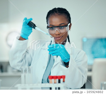 Science, safety and research, black woman with pipette in laboratory and medical engineering test tube solution. Biotechnology, vaccine and liquid, scientist or lab technician checking blood sample. 105924802