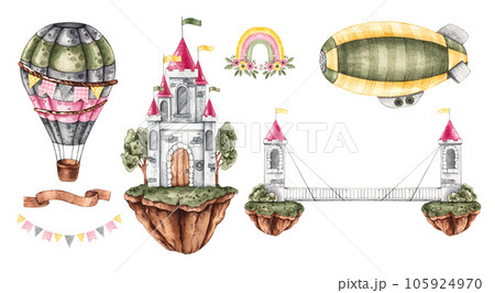 Fairytale castles in the air, airship, hot air balloon on a white background 105924970