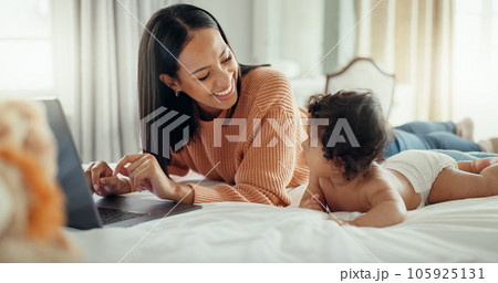 Love, laptop and mother with baby in a bed for bonding, relax and playing in their home. Family, social media and female mom influencer with newborn in a bedroom and content creation for online blog Love, laptop and mother with baby in a bed for bonding, relax and playing in their home. Family, social media and female mom influencer with newborn in a bedroom and content creation for online blog 105925131
