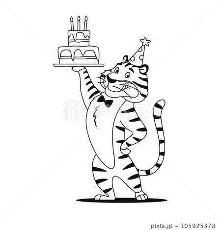 Happy cute tiger in Birthday hat with cake. Coloring book page. Cartoon wild animal character sketch for kids preschool activity. Black and white outline. Worksheet design illustration. 105925378