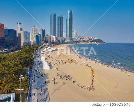 Aerial View of Haeundae Beach Sand Festival, Busan, South Korea, Asia. Aerial View of Haeundae Beach Sand Festival, Busan, South Korea, Asia. 105925676