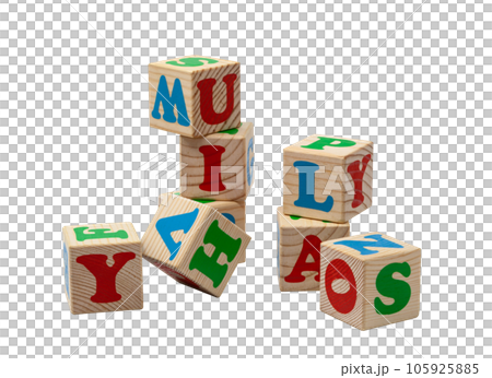 Children's wooden cubes with blue, red and green letters in the shape of a tower stand one on top of the other and lie side by side. No background. High quality photo. Children's wooden cubes with blue, red and green letters in the shape of a tower stand one on top of the other and lie side by side. No background. High quality photo. 105925885