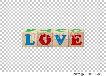 Children's wooden cubes with blue, red and green letters with the word love lying side by side. No background. High quality photo. 105925886