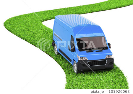 Delivery van on green grass way, 3D rendering Delivery van on green grass way, 3D rendering 105926068