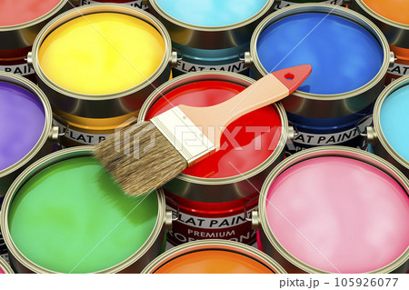 Paint cans and brush, top view. 3D rendering Paint cans and brush, top view. 3D rendering 105926077