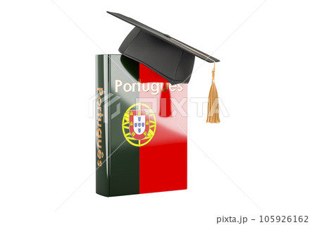 Portuguese language textbook with graduation cap. Learn Portuguese language, classes. 3D rendering 105926162