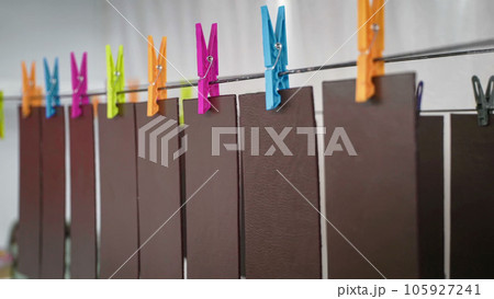 Pieces of genuine leather hanging on clothesline with colorful clothespins for drying after painting Pieces of genuine leather hanging on clothesline with colorful clothespins for drying after painting 105927241