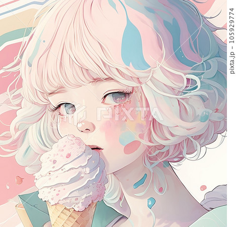 アイスクリームを食べる少女のイラスト アート（AI生成画像）の