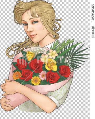 花束を抱える女性・アールヌヴォー風のイラスト素材 [105930363] - PIXTA