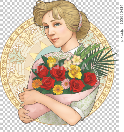A woman holding a bouquet, Art Nouveau style (summary hair, with background) A woman holding a bouquet, Art Nouveau style (summary hair, with background) 105930434