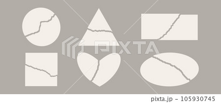 Torn in parts paper element set. Circle, triangle, rectangle, square, heart, oval disrupted paper parts. Ripped shape pack for poster, banner, collage, note, text box, sticker. Vector bundle 105930745