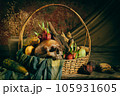 Human skulls and fruit in the basket, wood and old vases on wood, still life concepts 105931605