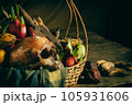 Human skulls and fruit in the basket, wood and old vases on wood, still life concepts 105931606