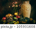 Human skulls and fruit in the basket, wood and old vases on wood, still life concepts 105931608