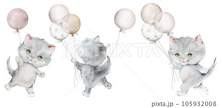 Set with little fluffy gray kitten and balloon. Watercolor hand drawn. Scottish fold isolated on white background. Spotted cat. Pet cartoon for kids, posters, stickers, textile. Set with little fluffy gray kitten and balloon. Watercolor hand drawn. Scottish fold isolated on white background. Spotted cat. Pet cartoon for kids, posters, stickers, textile. 105932008