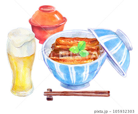 鰻丼セット　水彩イラスト　定食メニュー 105932303