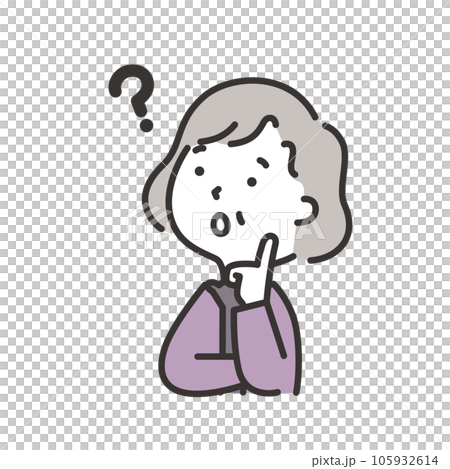 Illustration of an elderly woman with a questioning face looking up diagonally 105932614
