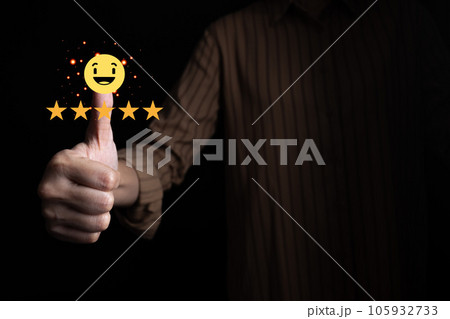 Satisfied customer experience concept, happy business customer using smartphone, the best review, High quality service, Most rated, the highest score, 5 stars, Social media very good. 105932733