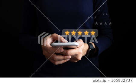 Satisfied customer experience concept, happy business customer using smartphone, the best review, High quality service, Most rated, the highest score, 5 stars, Social media very good. 105932737