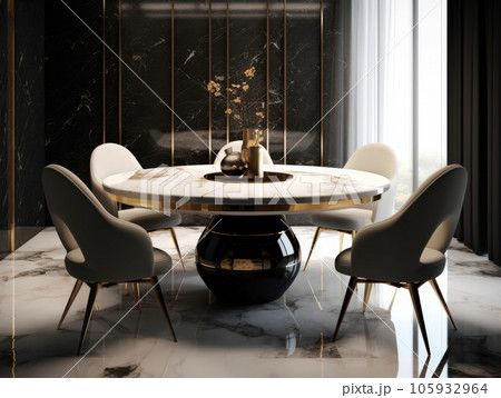 Luxury dining room with a marble table, plush chairs and elegant decor, natural light. Generative AI 105932964