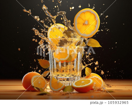 Glass of orange juice splash, sliced orange. Generative AI 105932965