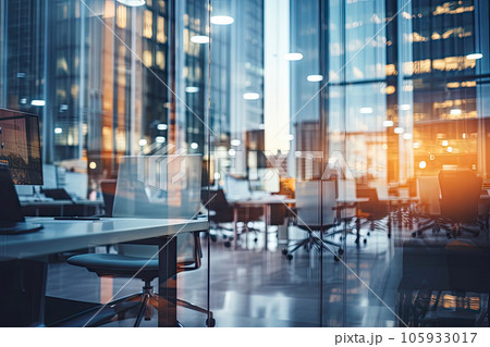 Blurred Office interior room background with modern design in working hours, indoor building of workplace of workspace, panoramic view through glass windows, with Generative Ai. 105933017