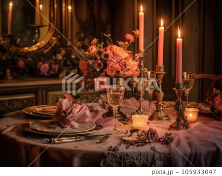Pink floral table setting for a romantic dinner table with table cloth, candles and silverware. Generative AI Pink floral table setting for a romantic dinner table with table cloth, candles and silverware. Generative AI 105933047