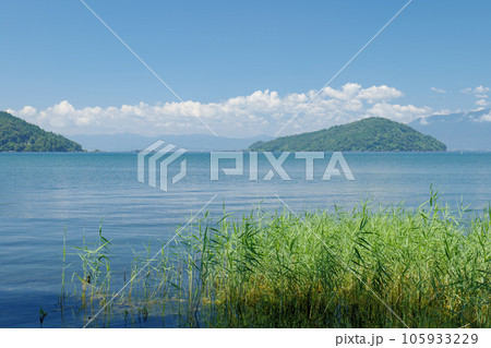 夏の琵琶湖の風景　東近江市の湖岸から沖島方面を望む　滋賀県東近江市 105933229