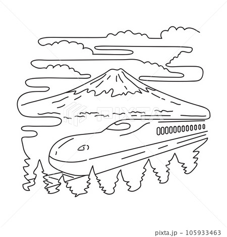 Mount Fuji and Shinkansen Bullet Train in Japan Mono Line Art 105933463