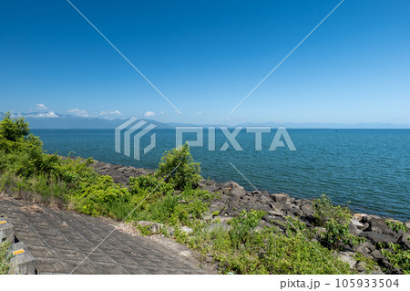 夏の琵琶湖の風景 東近江市湖岸のサイクリングロードからの眺め 滋賀県東近江市 夏の琵琶湖の風景 東近江市湖岸のサイクリングロードからの眺め 滋賀県東近江市 105933504