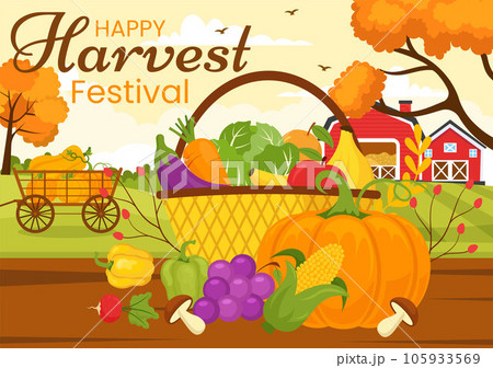 Happy Harvest Festival Vector Illustration of Autumn Season Background with Pumpkins, Maple Leaves, Fruits or Vegetables in Flat Cartoon Templates Happy Harvest Festival Vector Illustration of Autumn Season Background with Pumpkins, Maple Leaves, Fruits or Vegetables in Flat Cartoon Templates 105933569