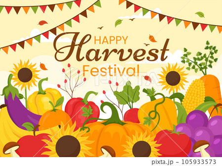 Happy Harvest Festival Vector Illustration of Autumn Season Background with Pumpkins, Maple Leaves, Fruits or Vegetables in Flat Cartoon Templates 105933573