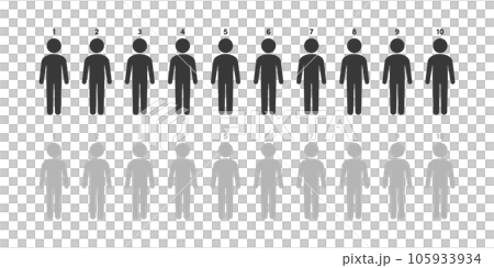 1から10までの数字と黒とグレーで色分けした10人×2グループの人型アイコン･ピクトグラムのセット 105933934