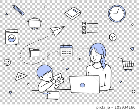 Hand drawn line art | Mother working remotely while taking care of her child Hand drawn line art | Mother working remotely while taking care of her child 105934160