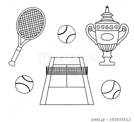 Tennis racket, court and ball doodle icon set. Vector outline simple sketch 105935612