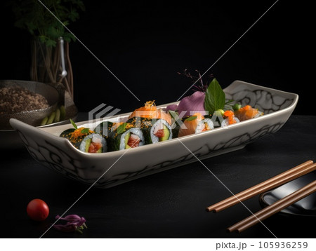 Delicious sushi rolls on black table, Japanese food. Generative AI 105936259