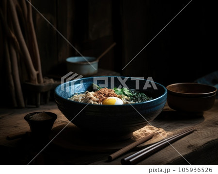 Hot delicious Japanese ramen noodles with egg. Generative AI 105936526