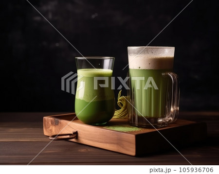 Matcha in glass on wooden tray, Japanese drinks. Generative AI 105936706
