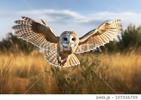 Image of an barn owl is spreading its wings and flying in the meadow. Bird. Wildlife Animals. Illustration, Generative AI. 105936789