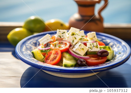 Greek salad with feta cheese and olive oil on plate. Greek healthy food 105937312