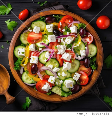 Greek salad with feta cheese and olive oil on plate. Greek healthy food 105937314