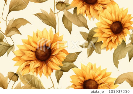 Watercolor retro sunflowers background, seamless pattern Watercolor retro sunflowers background, seamless pattern 105937350