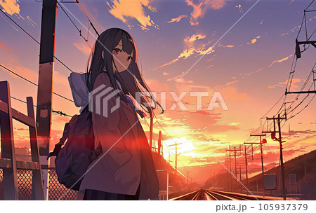 電車を待つ少女と綺麗な夕焼けの空のイラスト素材 [105937379] - PIXTA