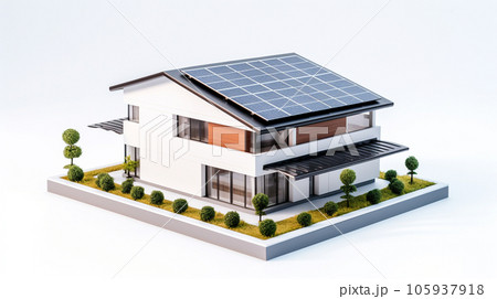miniature house model with solar panel on roof on white background. generative AI 105937918