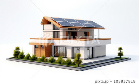 miniature house model with solar panel on roof on white background. generative AI 105937919